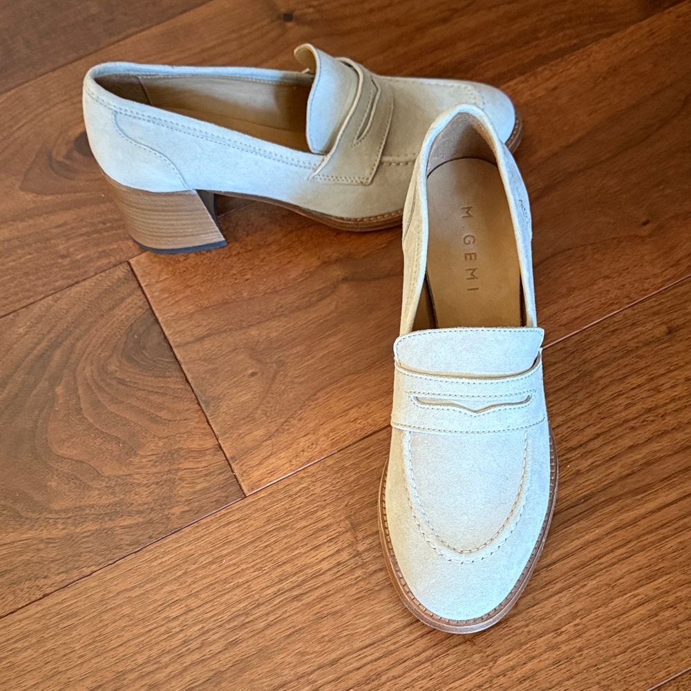M. Gemi Grey Suede Penny Loafers with Low Block Heel